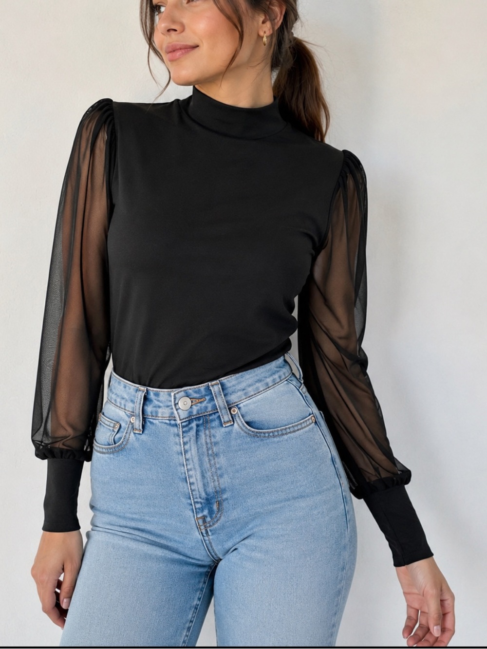 Sanctuary Black Mock Neck Top with Sheer Puff Sleeves